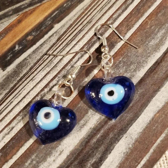 Evil Eye Murano Heart Earrings Blue - Picture 3 of 3